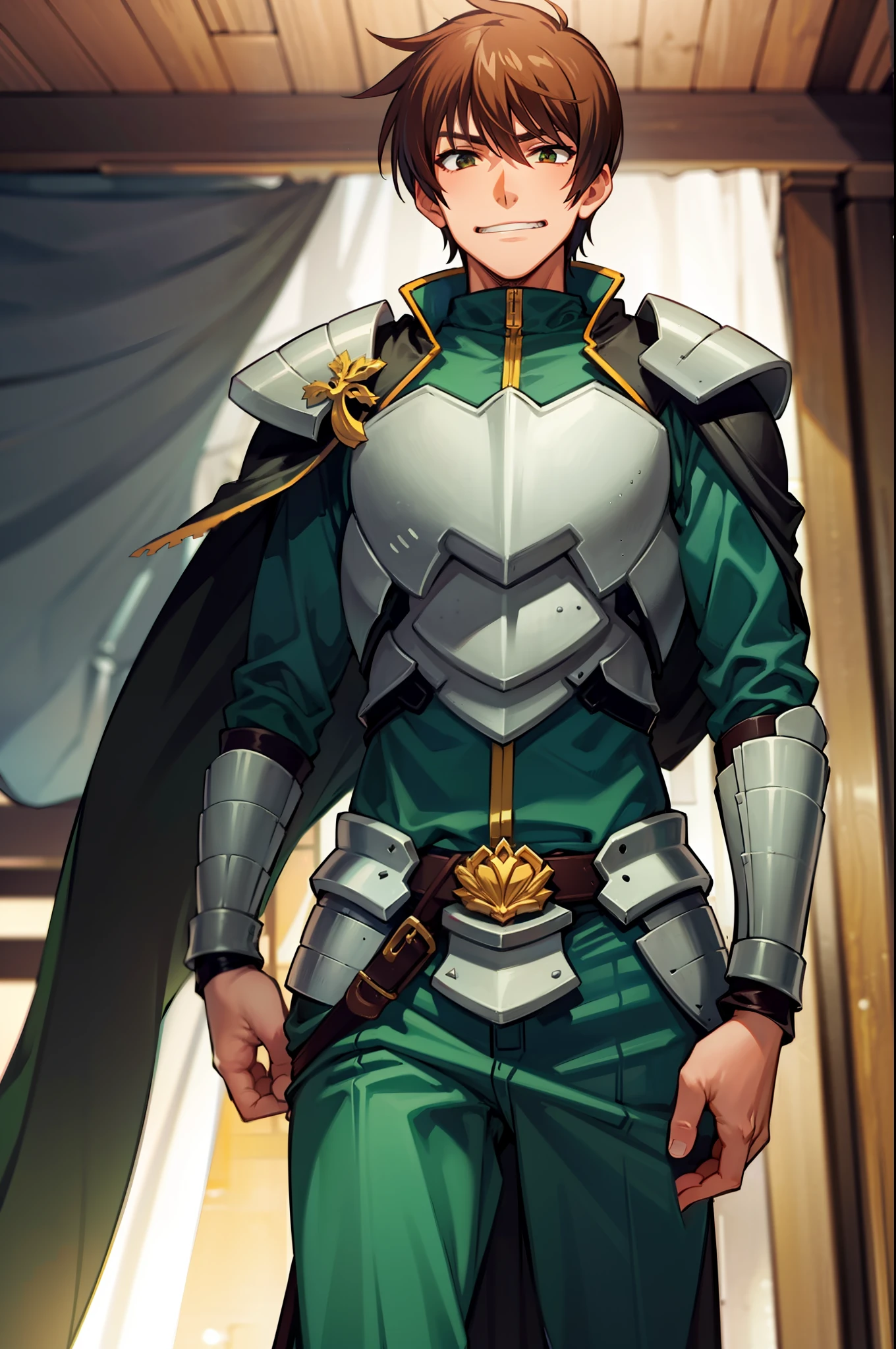 （Ultra-extreme detail），（masterpeace），（hyper extreme），（lifelike），CG，（colour：1.2），beautifullighting，Light from the front，1boy，armour，capelet，独奏，rance，hair blowing，shorter hair，Green armar，pov from below