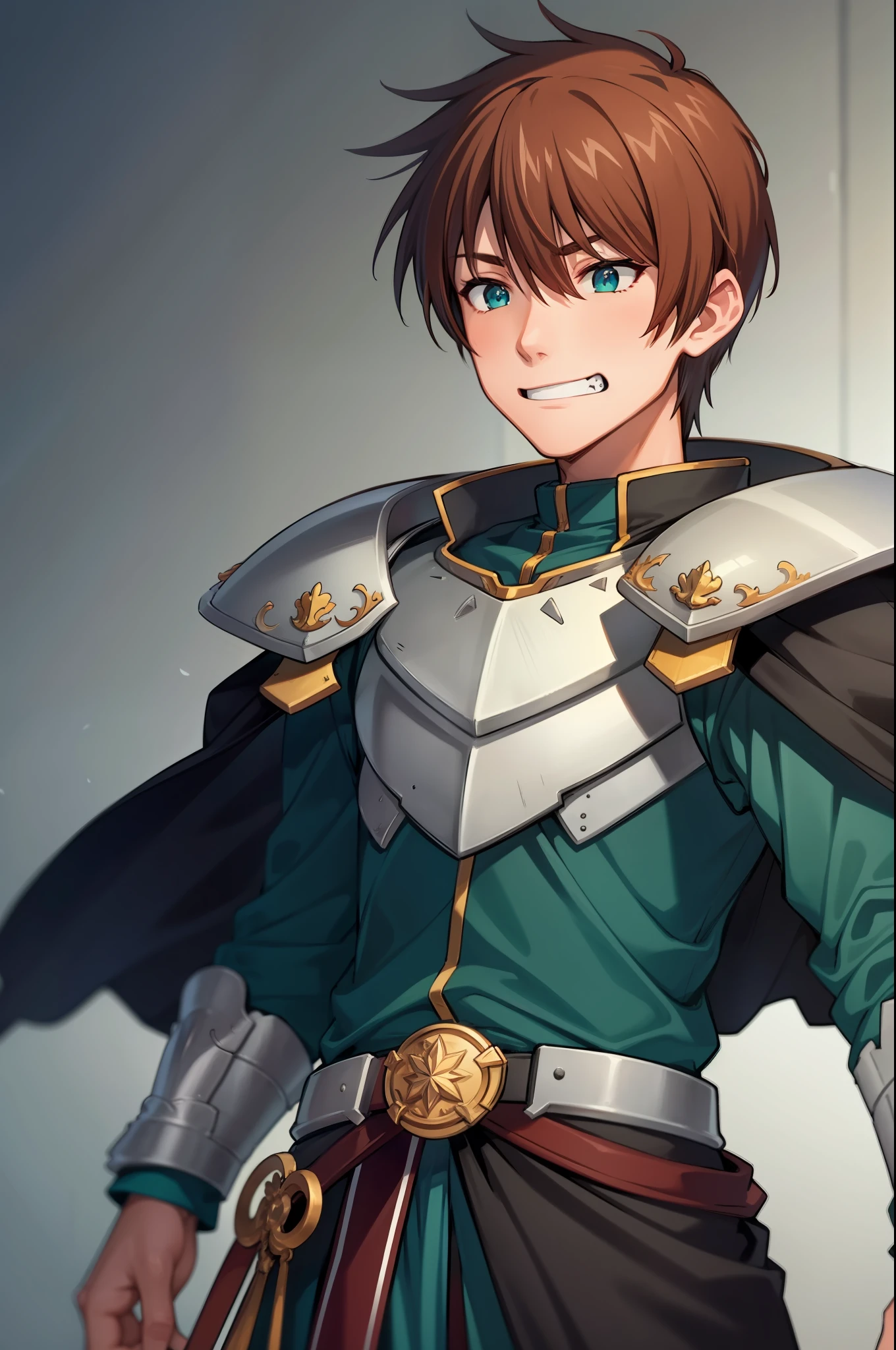 （Ultra-extreme detail），（masterpeace），（hyper extreme），（Lifelike），CG，（colour：1.2），beautifullighting，Light from the front，1boys，Armour，capelet，独奏，rance，hair blowing，shorter hair，Green armar，pov from below