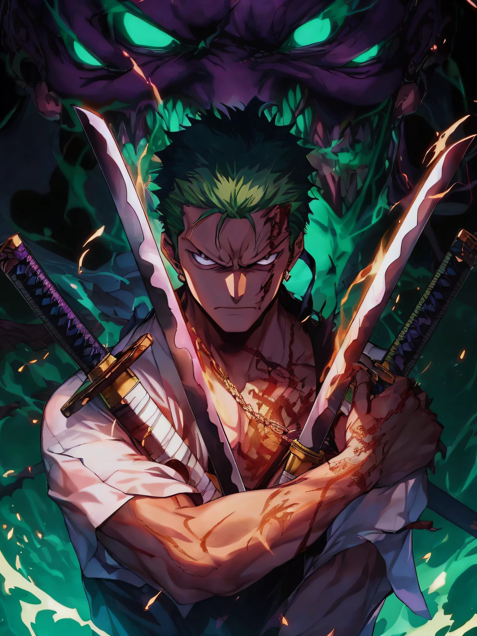 anime character with two swords in front of a demon, roronoa zoro, badass anime 8 k, anime epic artwork, 4 k manga wallpaper, anime wallpaper 4 k, anime wallpaper 4k, 4k anime wallpaper, anime wallaper, anime art wallpaper 4k, anime art wallpaper 4 k, anime masterpiece, anime style 4 k, anime art wallpaper 8 k