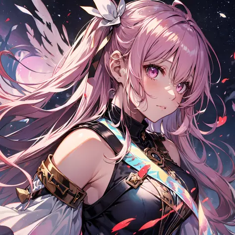 A masterpiece of literary text、best qualiy、Asuna\(stars\)、1girls、armature、bare shoulder、blushed、breastplate、Pink eyes、Pink Hair、The dress、Blood Knight Uniform\(stars\)、Lambent Light、slong hair、Watch your audience、Golden Ribbon、ribbons、scabbard、Very long ha...
