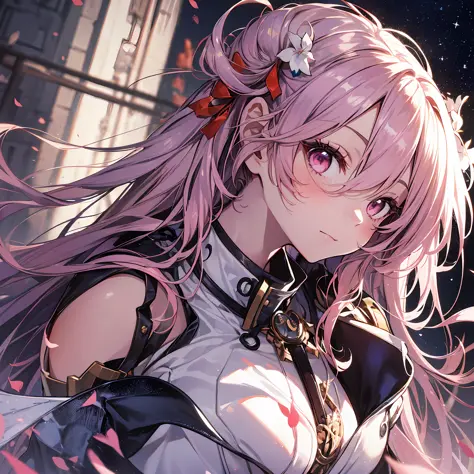 A masterpiece of literary text、best qualiy、Asuna\(stars\)、1girls、armature、bare shoulder、blushed、breastplate、Pink eyes、Pink Hair、The dress、Blood Knight Uniform\(stars\)、Lambent Light、slong hair、Watch your audience、Golden Ribbon、ribbons、scabbard、Very long ha...