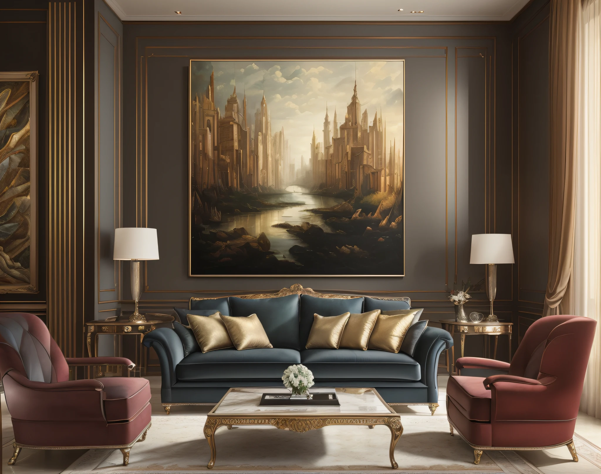 ((best quality)), ((masterpiece)), (detailed), interior decoration, elegant living room, emphasis on the wall with a prominent large-scale horizontal artwork, (realistic:1.1), (spacious layout:1.2), (timeless aesthetics:1.1), (luxurious ambiance:1.2), (refined craftsmanship:1.1), (sophisticated color palette:1.1), grand dimensions, (eye-catching presentation:1.2), (captivating details:1.1), (comfortable seating:1.1), (harmonious arrangement:1.2), (artistic focal point:1.1), (oversized artwork:1.1)