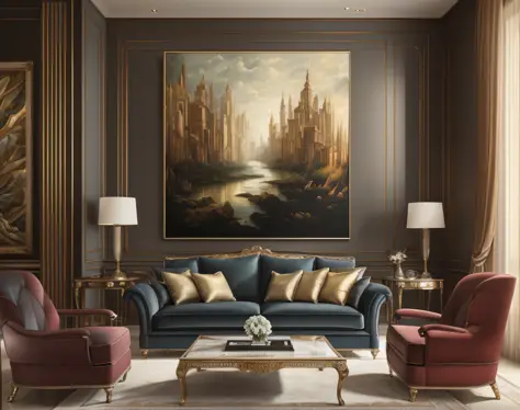 ((best quality)), ((masterpiece)), (detailed), interior decoration, elegant living room, emphasis on the wall with a prominent l...