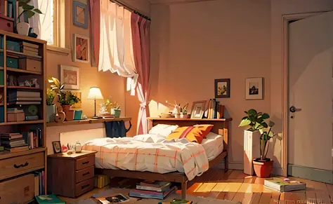 there is a bed in a room with a book shelf and a desk, a sunny bedroom, realistic afternoon lighting, personal room background, ...