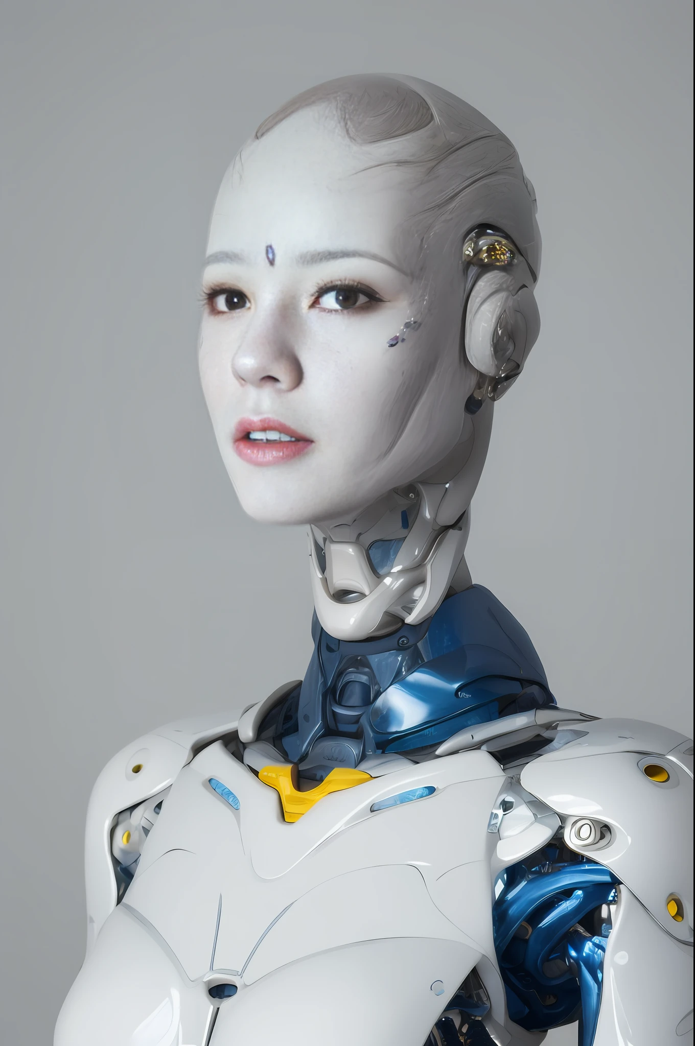 a close up of a person in a body suit with a body painted white, detailed humanoid, highly detailed cybernetic body, ultra detailed female android, sci-fi android female, porcelain cyborg, cybernetic and highly detailed, humanoid woman, cybernetic body parts, humanoid character, sci fi female character, sci - fi character, (focus face:1.2, top body:1.1)