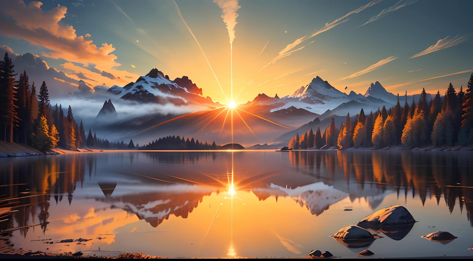 Una imagen que representa un amanecer radiante sobre un paisaje tranquilo y sereno. Añade una Biblia en oración.