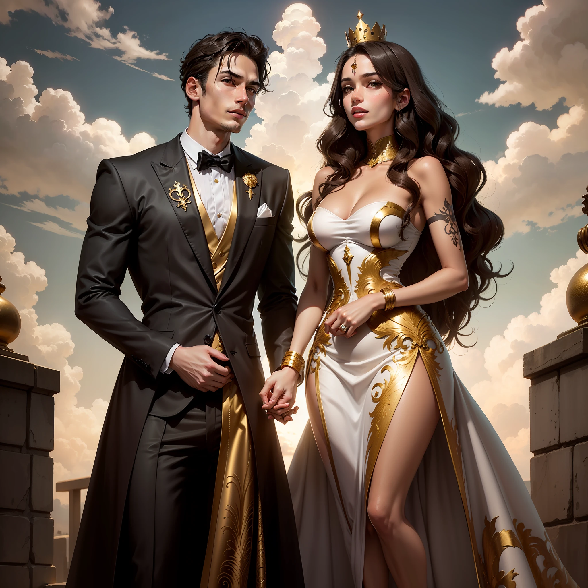 Lady, tall, brown hair faded to golden brown, curvy, nice dark dress, dark academia style clothing, light tan skin, gold eyes, modest dress, queen, clouds in background, gold detailing, gold crown, gems, gold black brown color scheme, & Male, black hair, black eyes, dark color pallet, king, royal, gold details, black suit, holding hands, cloud background, married, pale skin