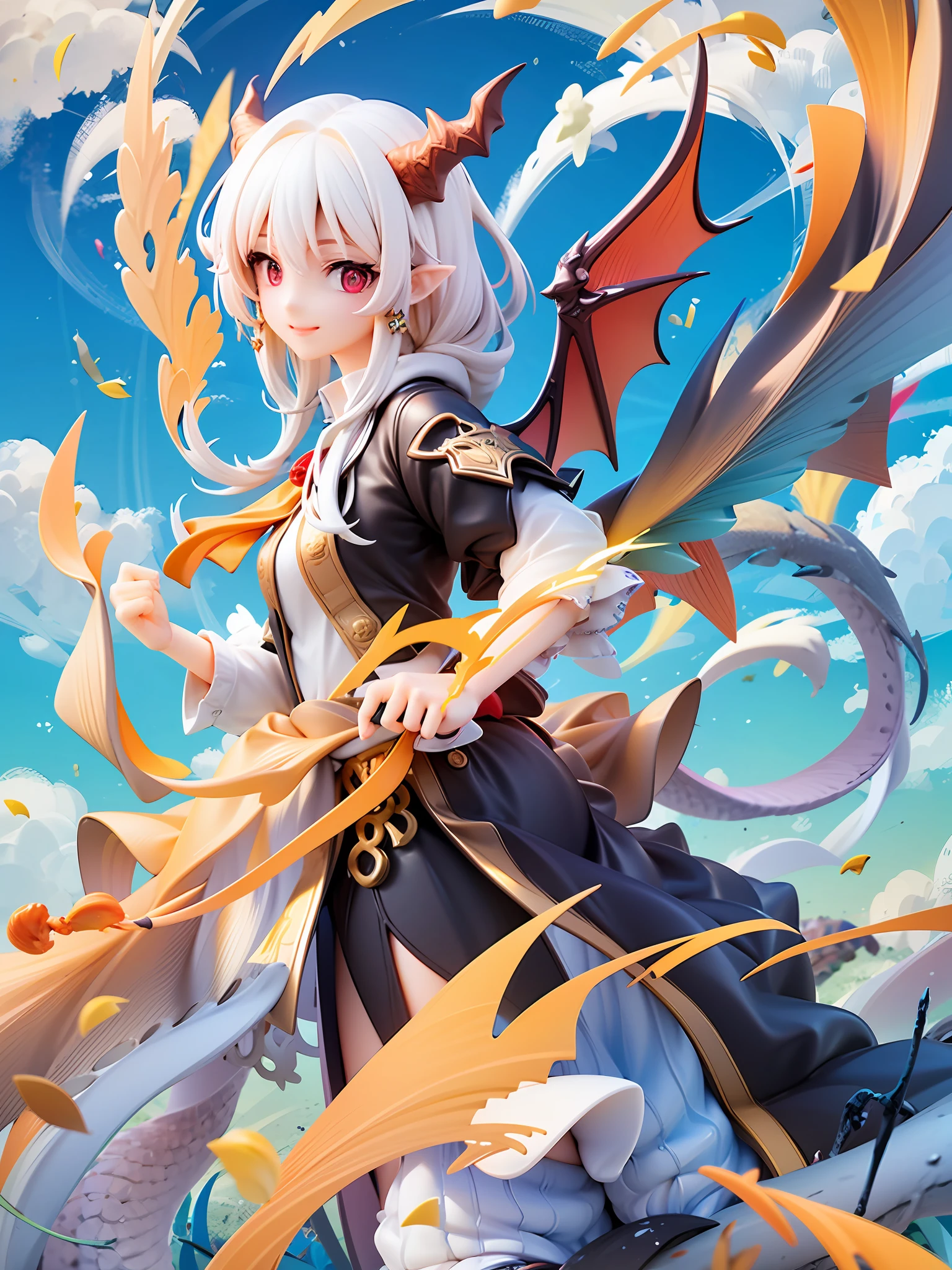 1girls、Dragon、Red eyes、Sharp eye light、Student uniform、Sorrisos、White hair、Dragon Wings、Dragon's horn、Dragon's tail, The sky, Blue sky, are flying, Fire effect, flame magic, Angle from the side、Looking here、