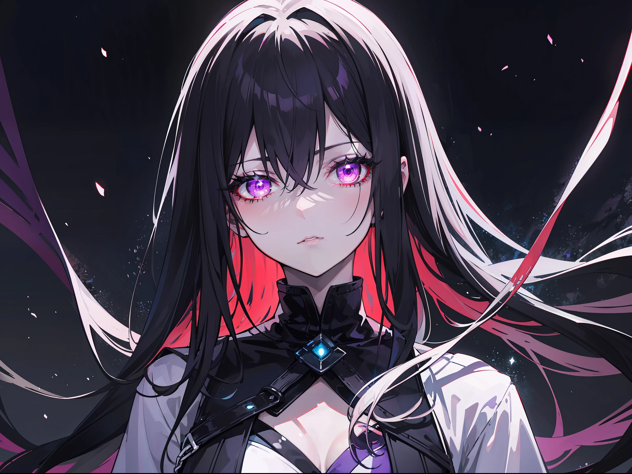 "Epic dark atmosphere, stunning 4k artwork featuring a confident black haired girl. Her captivating, glowing sharp purple eyes illuminate the scene. She was outside and looked on with glowing scary eyes."