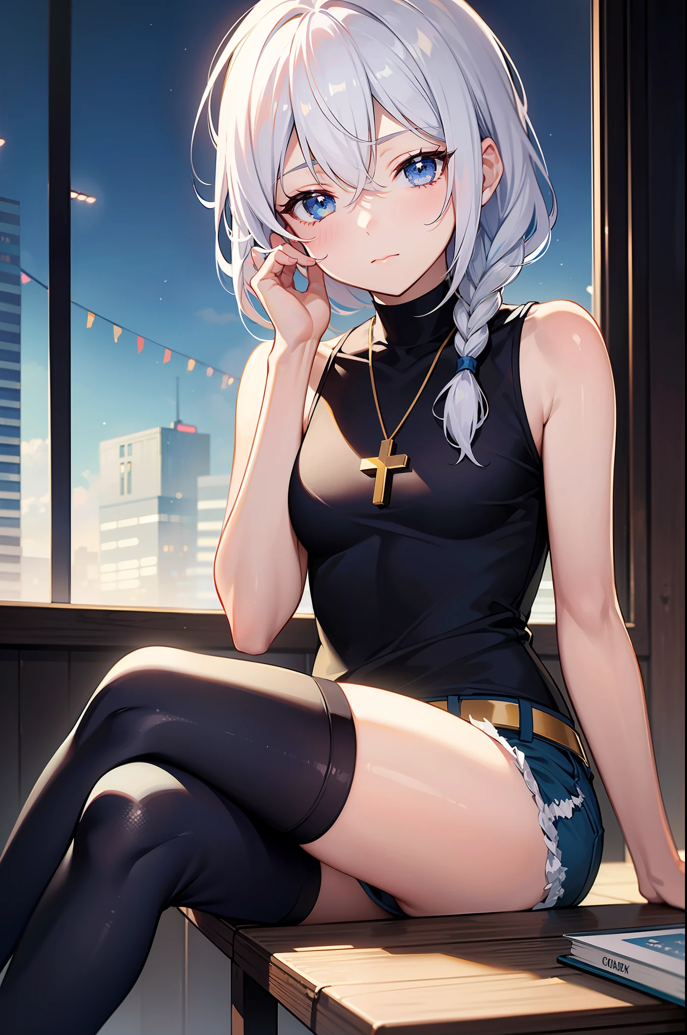 MasTerpiece, BesT qualiTy, MasTerpiece,BesT qualiTy,officlal arT,ExTremely deTailed CG uniTy 8k wallpaper, golden hour lighTing, sTrong rim lighT, sTrong shadows, in The cyberpunk ciTy, arTbook, cabelo medio, WhiTe hair, trançado, olhos azuis, Small breasTs, Sleeveless shirT, shorT panT, na altura do joelho, jiTome, olhos semicerrados, :T, ((shorT braid)),hair beTween eyes,SiTTing,pernas cruzadas,（Um olhar de desdém），GradienT hair,Franja tingida,colar de cruz，Hold your face wiTh your hands