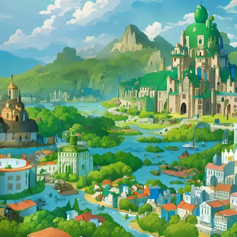a painting of a city with a large cathedral in the middle, studio ghibli smooth concept art, a bustling magical town, fantasy ca...