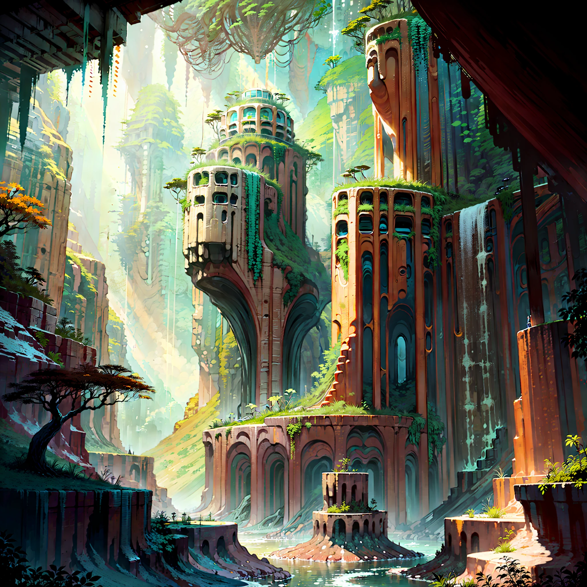 :an awesome sunny cheerful day environment concept art of Futuristic design of cave architecture interiors concept art on grand Canyon caves nature architecture, proportional,detailed, cave architecture nature meets futuristic architecture on a rainforest jungle cliff with huge waterfalls,Crepuscular rays, nature meets modern architecture in the style of Aries Moross, Rem Koolhaas,Daniel Libeskind, Jean Nouvel, Paolo Soleri,Toyo Ito and Philip Johnson with Dry brush drawing style ,Chiaroscuro village,cliff side residential area, mixed development,nature architecture,bright colors,high rise made up staircases, balconies, full of glass facades,carved from rocks, masterpiece, proportional, detailed, trending on artstation, beautiful lighting, realistic, intricate