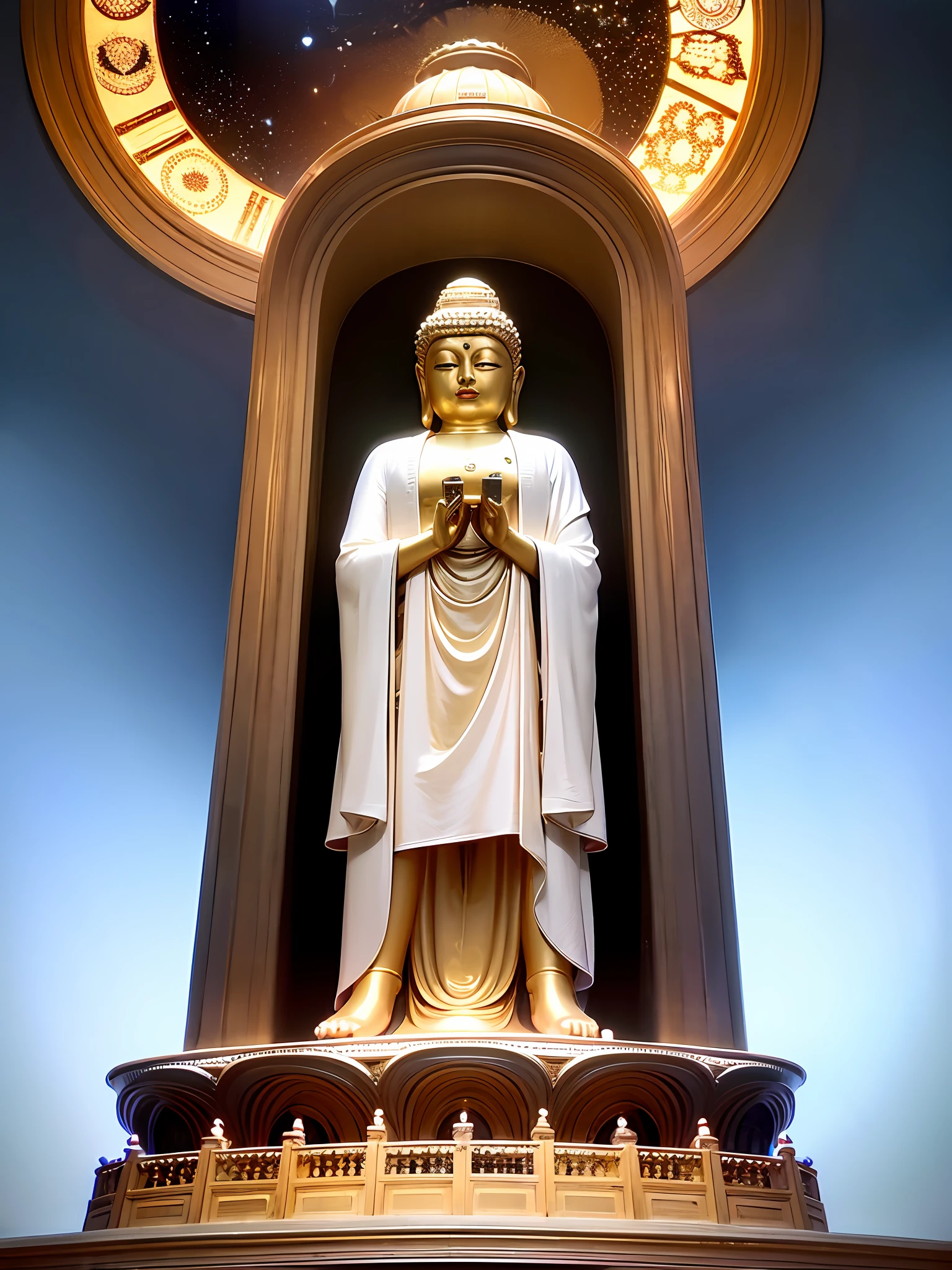 Maitreya, Buda Maitreya, Maitreya, a large golden Buddha statue sitting in a room with a blue ceiling and a background of blue céu, Nuvens, acima_Nuvens, airenviar, aurora, ponte, prédio, castelo, chaminé, cidade, cidade_luzes, cidadescape , relógio, relógio torre, Nuvens, cloudy céu, constelações, crescent, deserto, terra_\(planeta\), fogos de artifício, floating ilhas, fontes, galáxias, brilhante, casas, ilhas, postes de luz, lanternas, partículas de luz , galáxia, lua, Montanha, noite, noite céu, no_humanos, planeta, paisagem, Meteoro, céu, céuline, céuscraper, neve, neveing, espaço, star_\(céu\), star_\(símbolo\), estrelado_céu, estrelado_céu_imprimir, Telescópio, torre, Cidade, Crepúsculo, enviar