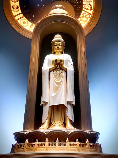 Maitreya, Maitreya Buddha, Maitreya, a large golden Buddha statue sitting in a room with a blue ceiling and a background of blue...