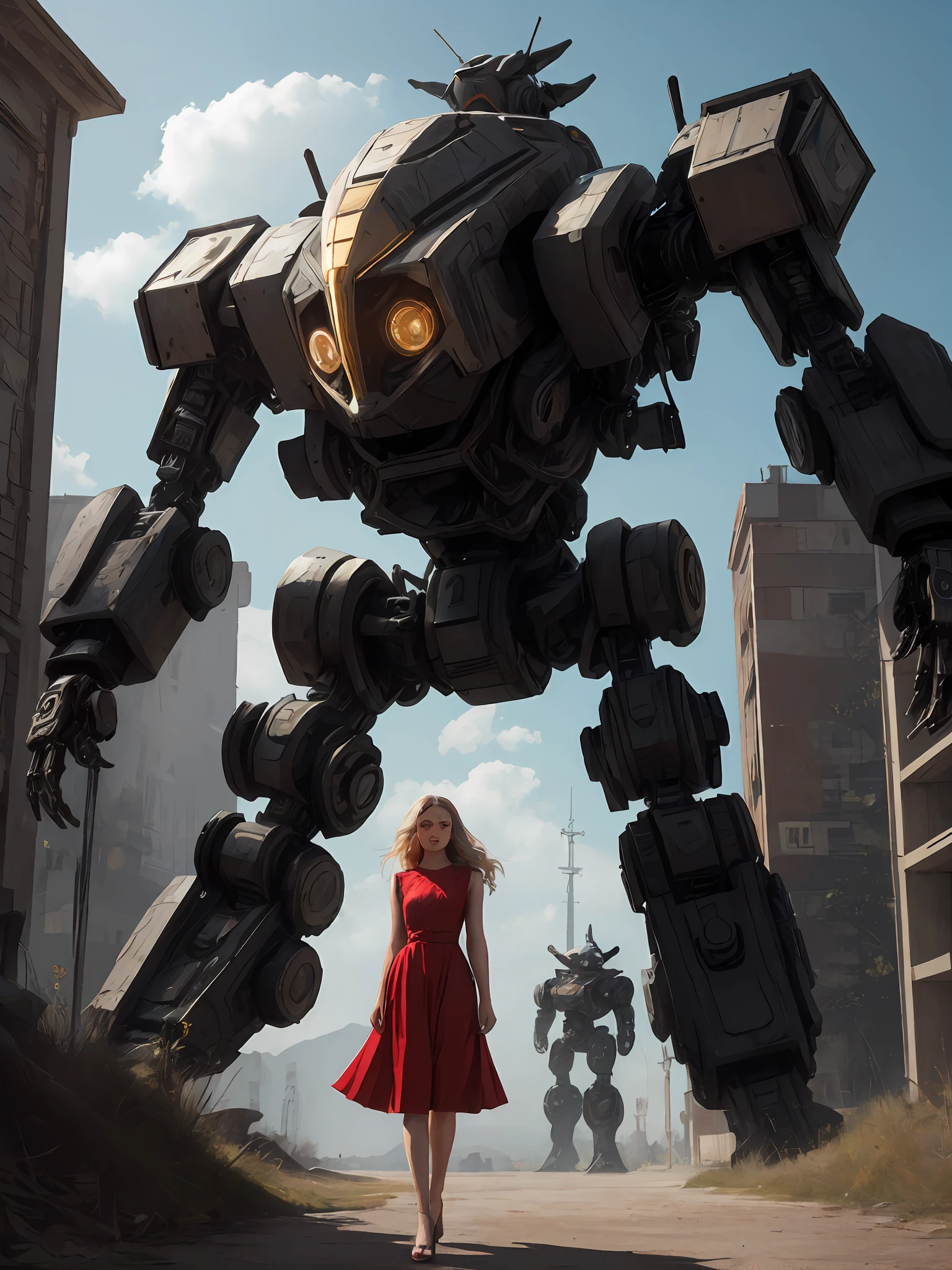 (masterpiece), (best quality),photorealistic, 8k raw photo,ultra high res,1girl,full body, robot carrying girl
(red dress), robot,glowing
jiqinvhai,huge robot, mecha, 
mecha musume,mechanical parts,robot joints,headgear,full armor
detailed skin,solo,
film grain, fish lens, golden and white art, extreme angle, triangular composition