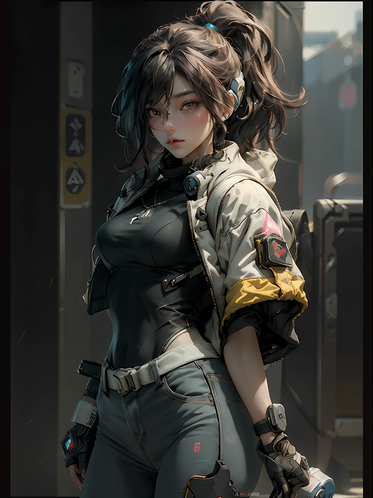 2D，A positive cyberpunk female image，Sports Girl，Carrying a yellow backpack，Wear headphones around your neck，Perfect body proportion，PBR Texture、Postprocess、Anisotropic filtration、depthoffield、Maximum clarity and clarity、Multilayer Texture、Albedo e mapas Speculares、Surface Coloring、