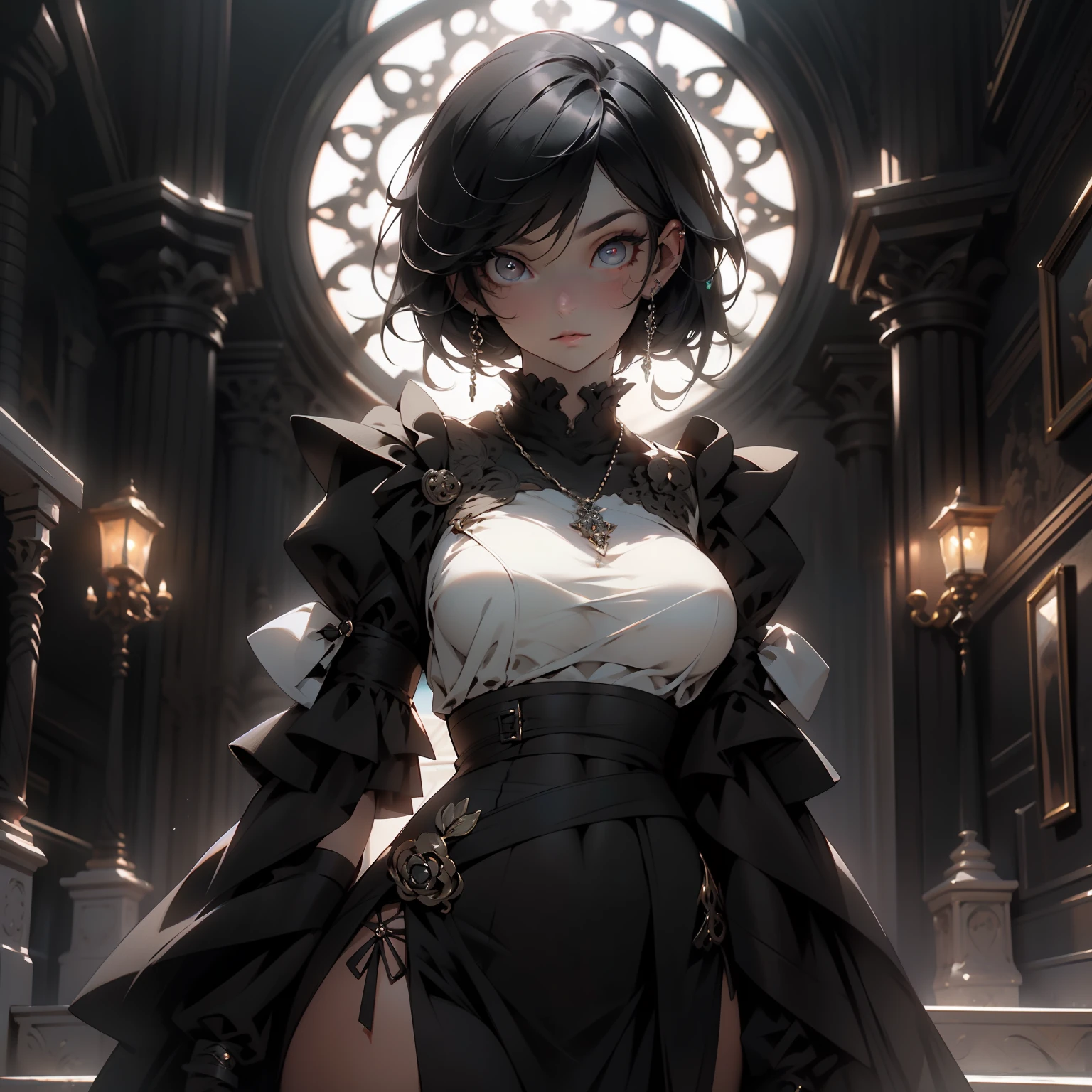 masterpiece, 4k, detalied, beautiful, large breasts, wide hips, thick thighs, long black hair, blushing, thick makeup, pretty, victorian dress, witch, witchy dress, thick dress, black dress, short hair, short black hair, earrings, jewelry, bracelet, (((BLACK HAIR, [PERFECT REALISTIC EYES]))), ultra realistic 8k CG, perfect face, flawless, clean, masterpiece, professional artwork, famous art, cinematic lighting, perfect face, beautiful face, beautiful eyes, (((perfect female body, narrow waist))), GOTHIC, real, intricate detail, delicate pattern, sexy, charming, seductive, seductive, erotic, charming, hair ornament, necklace, earrings, bracelet, armband, looking at the viewer