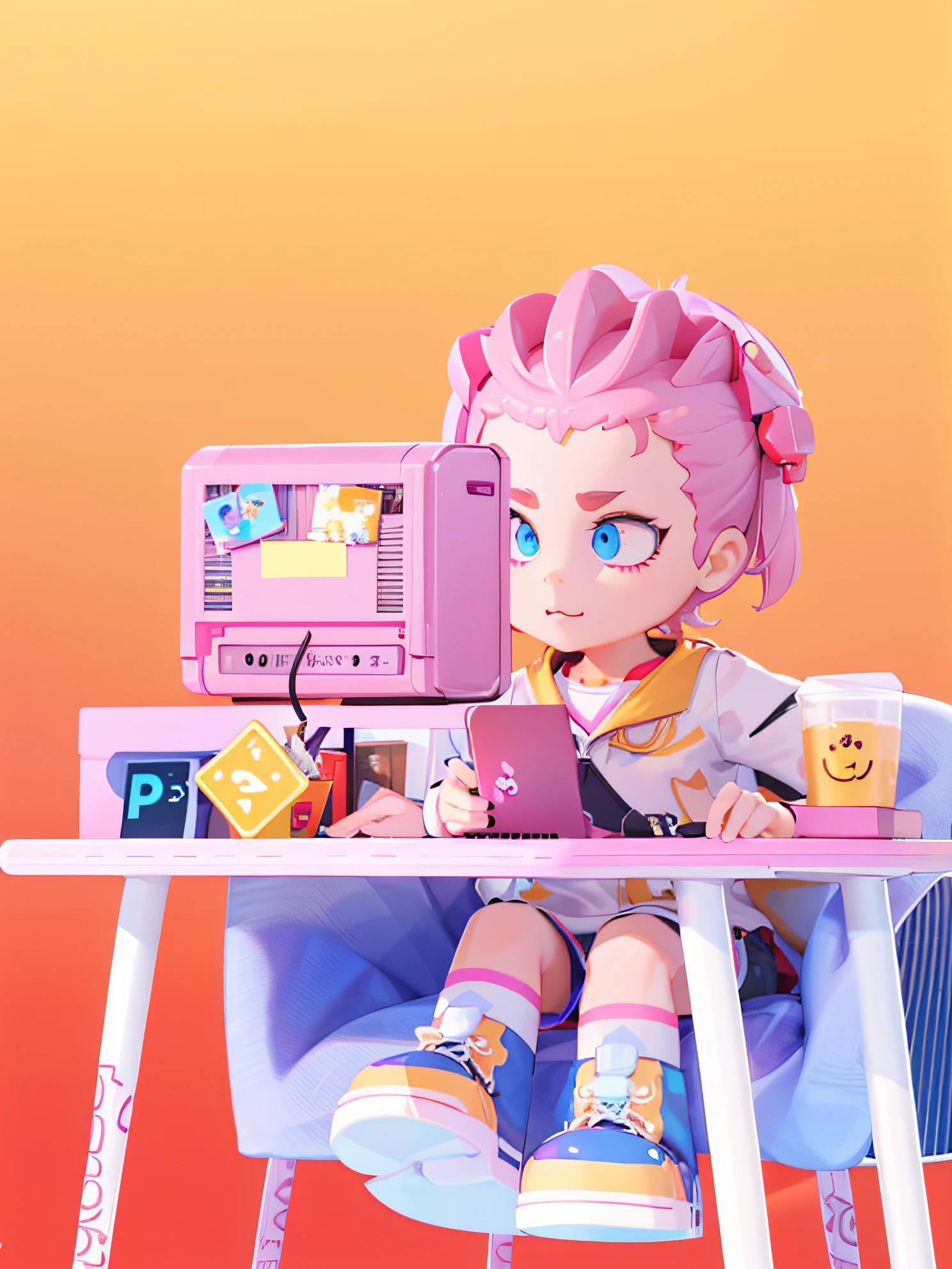 il y a une petite poupée assise à un bureau avec un ordinateur portable, joli rendu 3D, rendu de style d&#39;animation, rendu d&#39;art numérique, illustration 3D, Illustration 3D, illustration 2D, Illustration 2D, personnage emblématique rose, à louer artiste 3D, Personnage en stop motion, Kenny Wong x Pop Mart, Illustration esthétique granuleuse 3D, personnages 3D