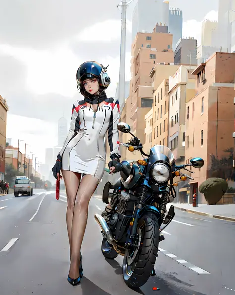 Mujer araffe con vestido brillante y mojado blanco y casco posando junto a una motocicleta, Ropa futurista muy ajustada y casco,...