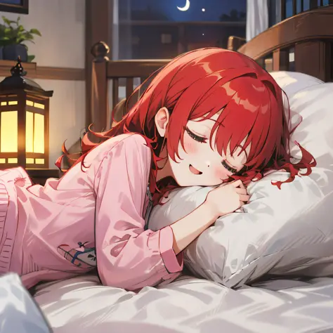 sleepeace, 1girl, pajamas, bigg red moon light,, ultra_detailed:1.2