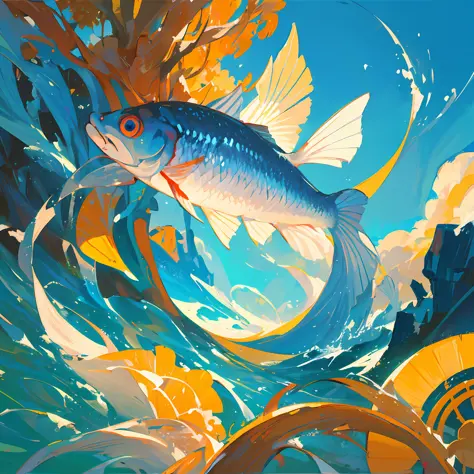 Fish is a bird in water, painted into a picture, fantasy, aesthetic, art, painting --auto