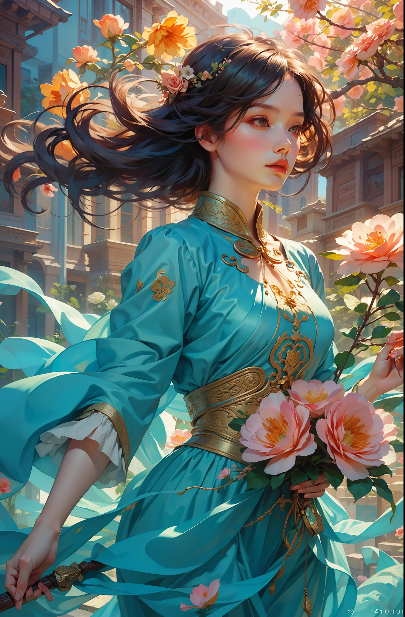 Best quality,masterpiece,ultra high res,(photorealistic_1.4),,solo,1girl,_,baihuaniang,Flowers,Flowers,Soft sunlight,Wind,Flying