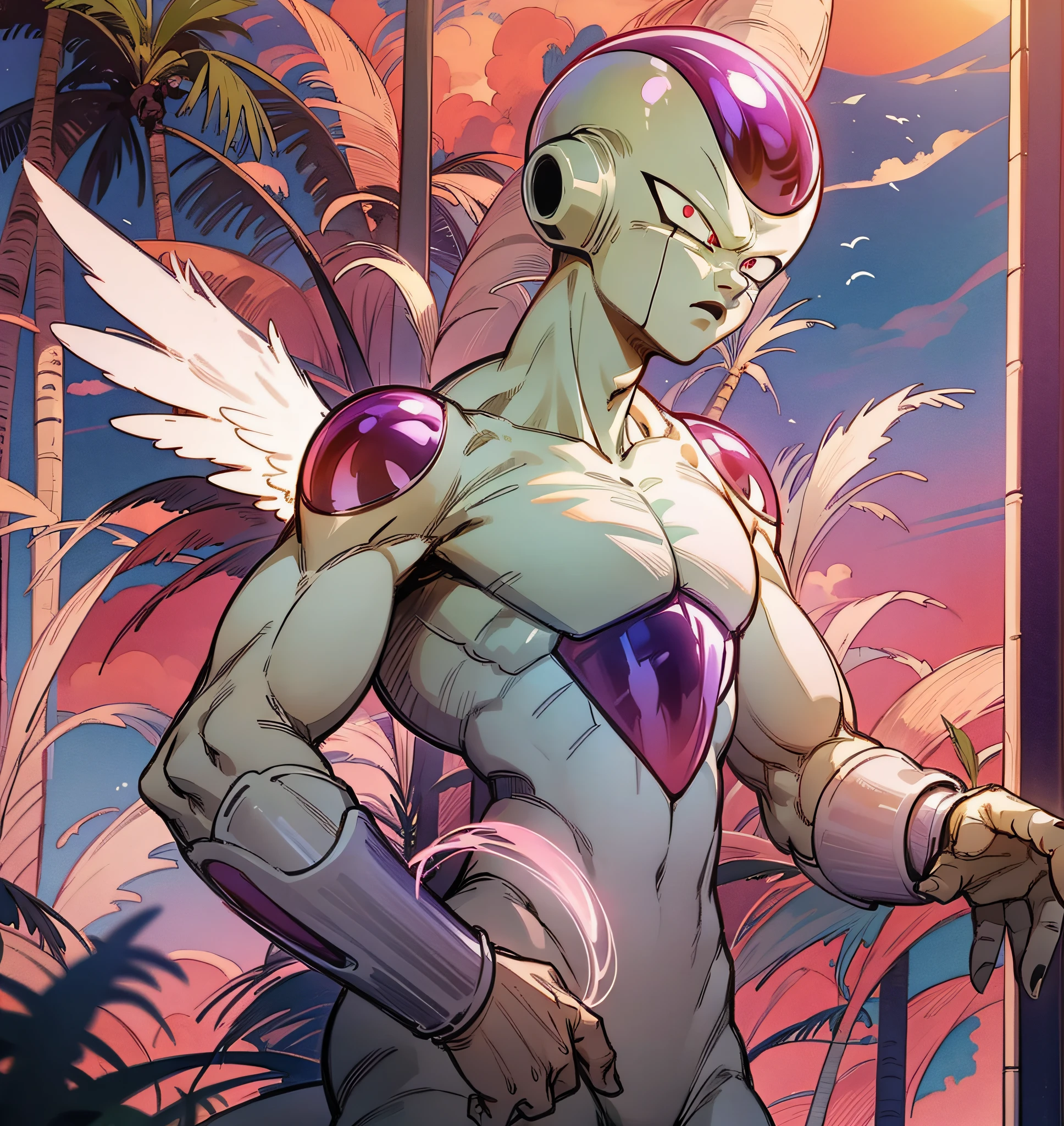 [(ES) ((masterpiece)) & (frieza), ((best illustration)) & ((extremely delicate and beautiful))), high resolution, cowboy shot, 1 boy, male focus, solo, red eyes, tail, watercolor:0.8, serious expression, angel wings, sunset, tropical setting, palm trees, mountains, tropical flora])