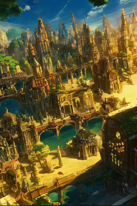 A city that shows a bustling futuristic world, a suspended mid-air city, small spaceships shuttling through, a corner of the city, sunny and sunny weather, Miyazaki's work style, CG illustrations with extreme detail, and the composition is epic and spectac...