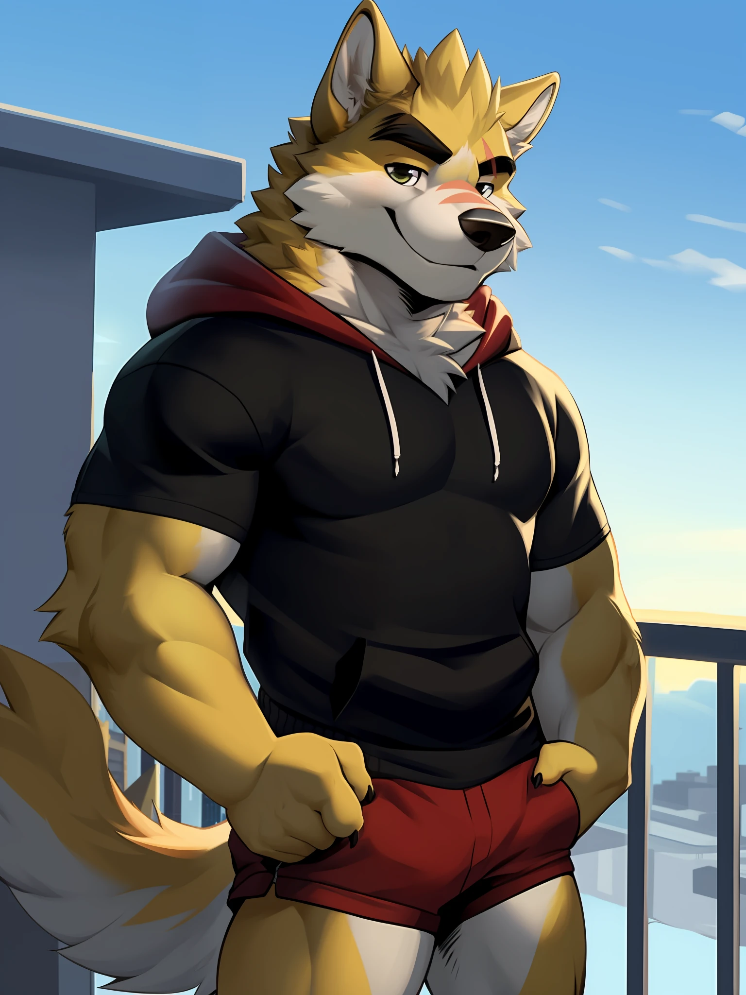 cooper krager, solo, looking at viewer, shirt, 1boy, jacket, male focus, open clothes, hood, black shirt, hoodie, muscular, pectorals, muscular male, bara, hooded jacket, sharp fingernails, night city, neon, furutistic, yellow fur