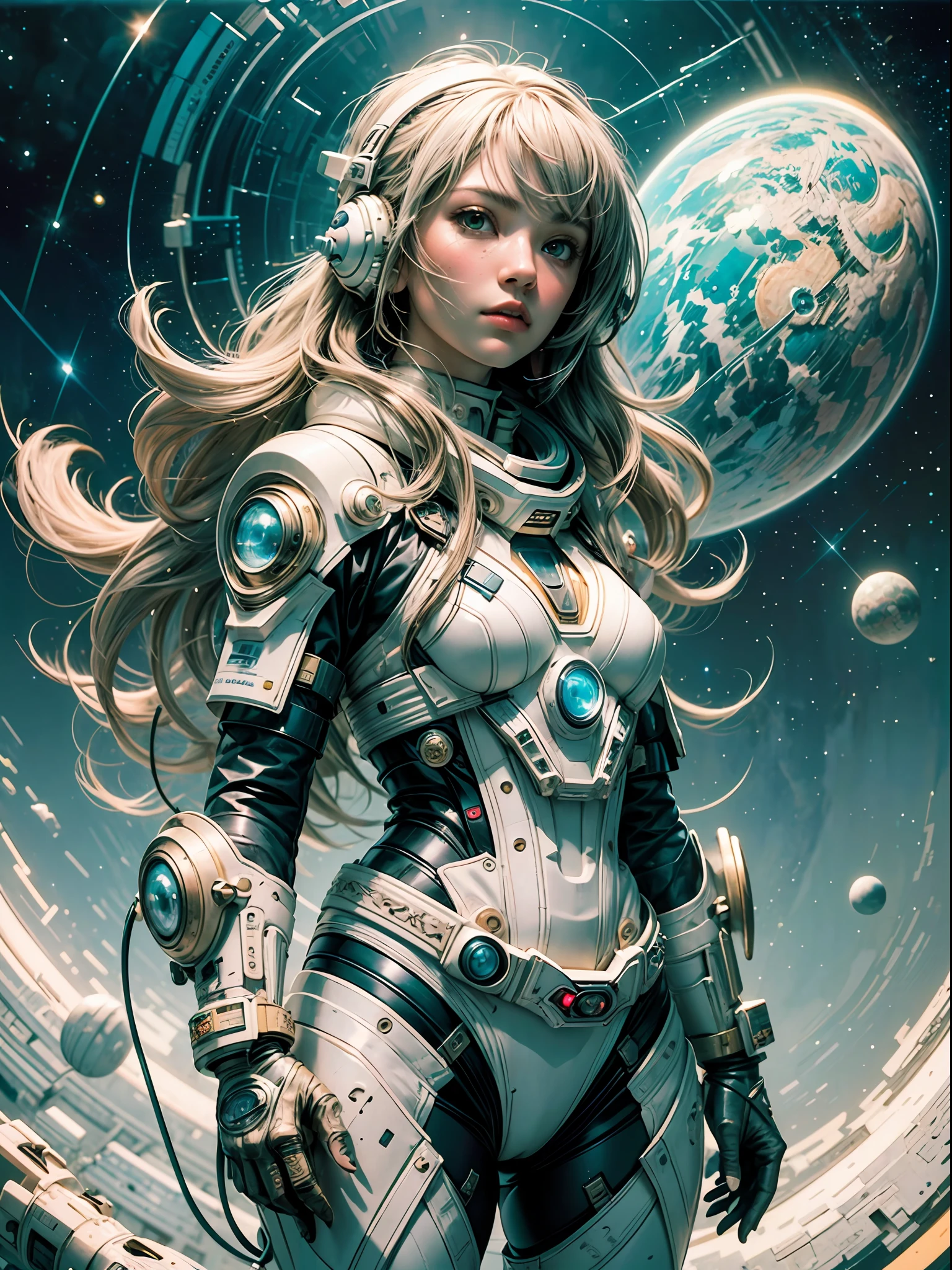 master-piece，1 monk warrior girl with white tech suit clothes，White long hair，laces，Abstract retro sci-fi background，art of moebius，Ashley Wood's art，dynamicpose，Wandering Earth，Space Starry Sky