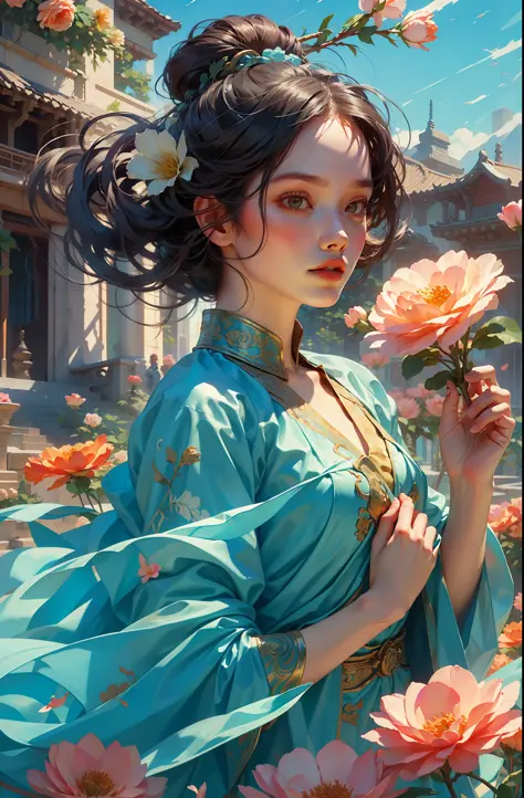 Best quality,masterpiece,ultra high res,(photorealistic_1.4),,solo,1girl,_,baihuaniang,Flowers,Flowers,Soft sunlight,Wind,Flying