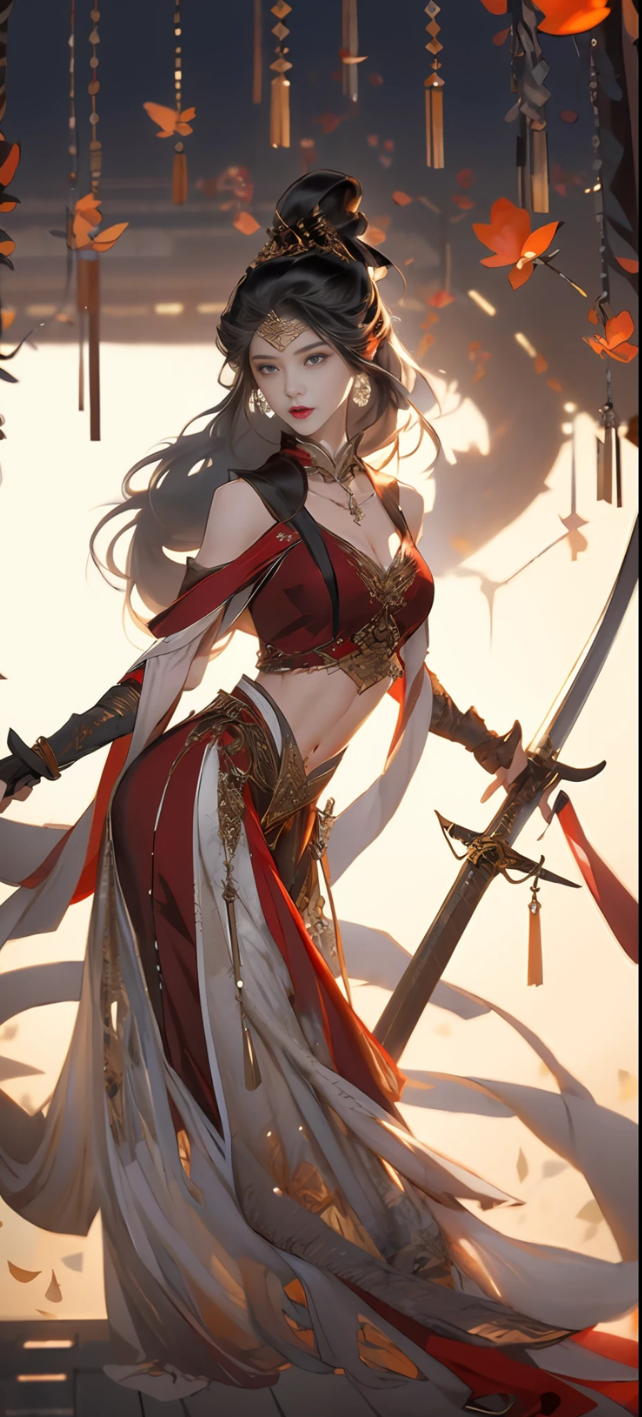 Beautiful details for girls，Very detailed eyes and face，beautiful eyes in detail，is super detailed，high - resolution，Very detailed，The best quality，illustration，exquisite detailing，Best quality，Very detailed CG，8k wallpaper，A teenage girl，woods，Long black hair，pony-tail，holding sword，(((Red clothes)))，blossoms，Complex textures，streamers，navel，shoulders，Complex background，Full body like