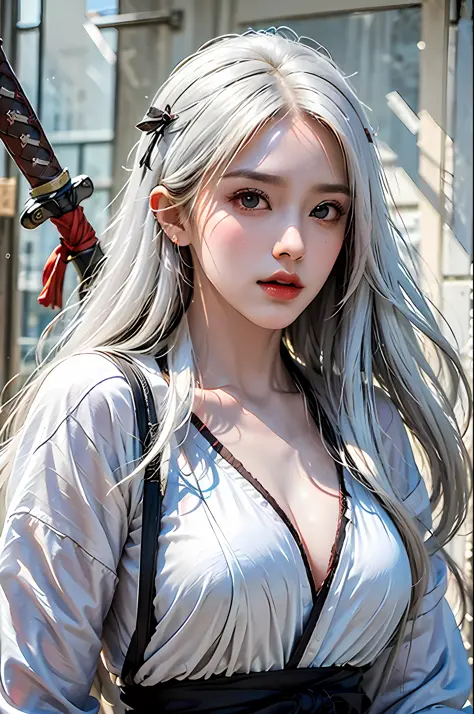 best quality, masterpiece, ultra-detailed, detailed light, (RAW photo:1.2), (photorealistic:1.4),(masterpiece:1.3),(best quality:1.4) 1girl, weapon, sword, hair ornament, solo, long hair, sky, dress, holding, holding weapon, holding sword, white hair, armo...