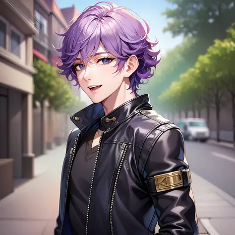 Young boy,Ikemen ,purple hair, blue leather jacket, parted hair, portrait, curly hair at the end, cheerful