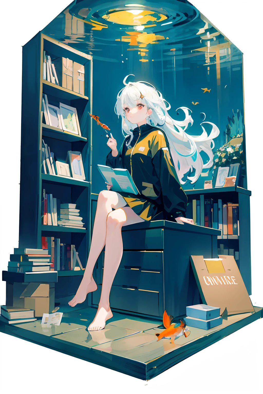 [(transparent background: 1.5)::5],(((masterpiece))),(((best quality))),(((extremely detailed))),illustration,1girl,solo,mysterious,vivid color,shiny ,Underwater transparent sealed hemispherical glass dome,white hair,red eyes,full body,bare feet,long hair,quiet nature,koi fish,underwater,dome,close-up,dynamic action,lens perspective,(((Box composition))),(((Box composition))), Sitting crossed - legs resting on a bookshelf, (arm + hand + 1 thumb + 4 fingers), (Impressionism: 1.4), Vincent van Gogh