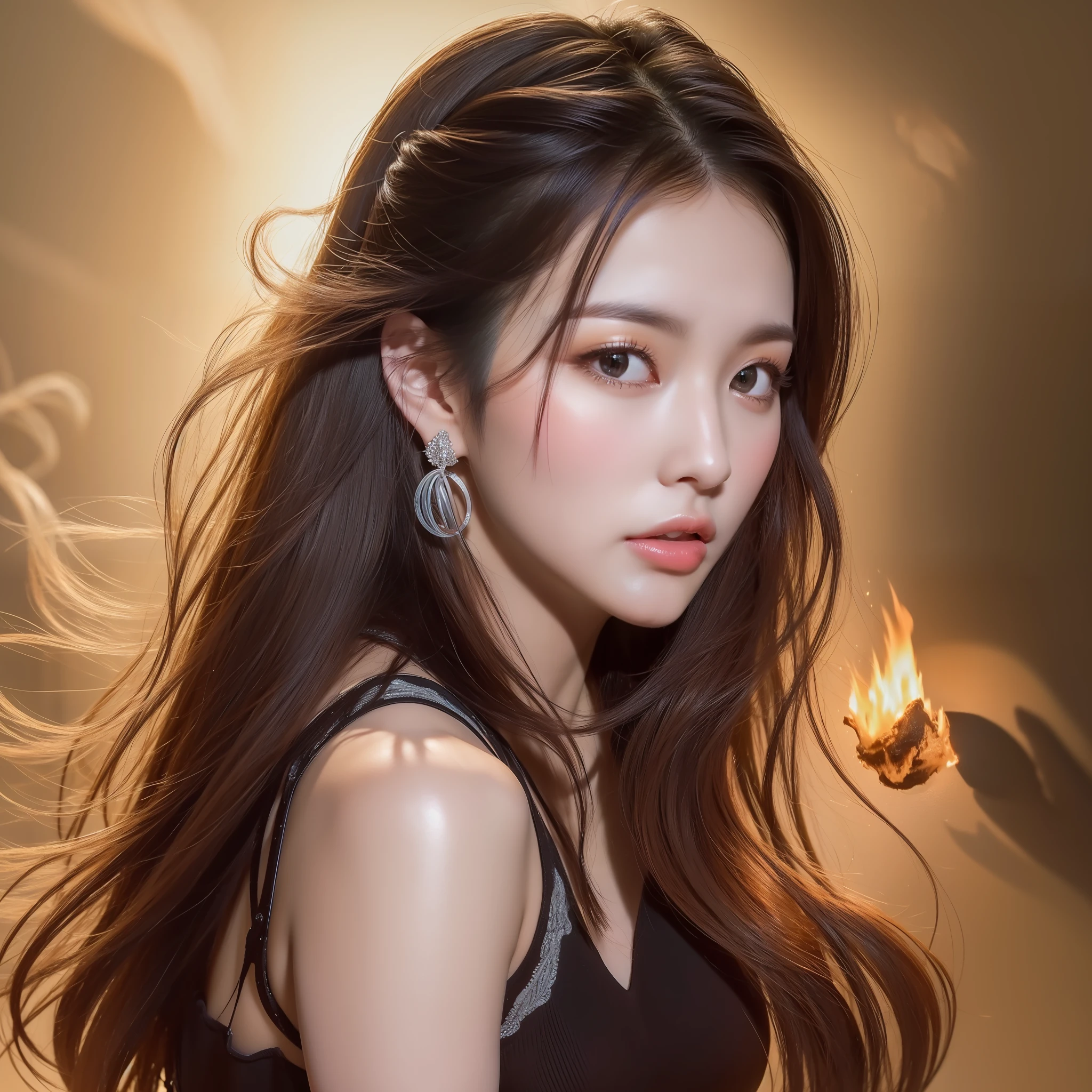 Best Quality,The best creations、ultra-highresolution,(Photorealistic:1.4)、1girls、(Beautiful woman_Face)、Detailed skin,Full Body,jewelry,独奏,earrings,(Fire:1.3),Blurry,Realistic,s lips,