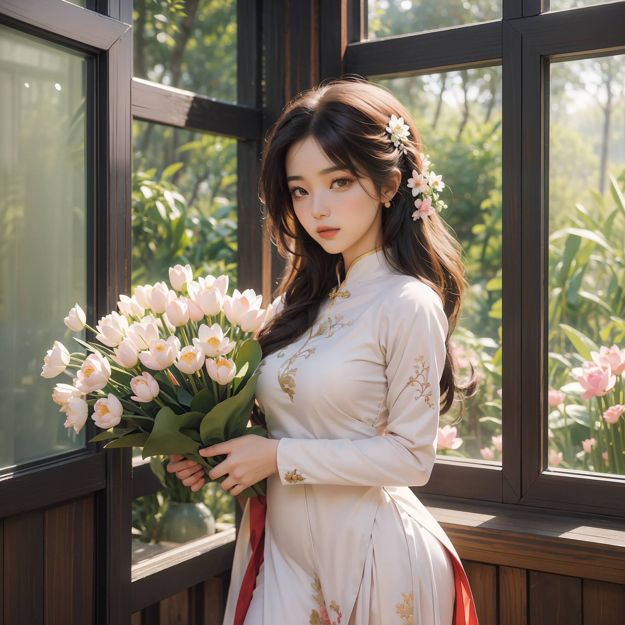 an 8K quality photo of a very beautiful Vietnamese woman in a traditional Vietnamese ao dai. She gets light makeup, stand out and pose elegantly. Her face is graceful and good-looking, creating a traditional beauty of Vietnamese women. She is standing in an old castle, holding a bouquet of bright pink lotus flowers. Her tunic is similarly pastel pink, Create a quiet and soothing space. The photo was taken with extreme detail, Make sure every aspect of the photo is sketched with incredible accuracy. The photo does not have any errors in the face, hands and feet, and overall a beautiful and captivating photo. The photo material is designed in an ancient style, with retro and vintage colors, Create a classic and luxurious space. Associated with this scene are works by famous painters and photographers such as Leibovitz, Ansel Adams, và Edward Hopper, along with other artists such as Claude Monet and Georgia O'Keeffe