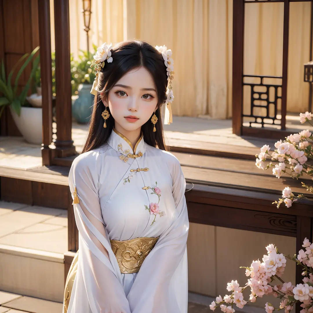 an 8K quality photo of a very beautiful Vietnamese woman in a traditional Vietnamese ao dai. She gets light makeup, stand out an...