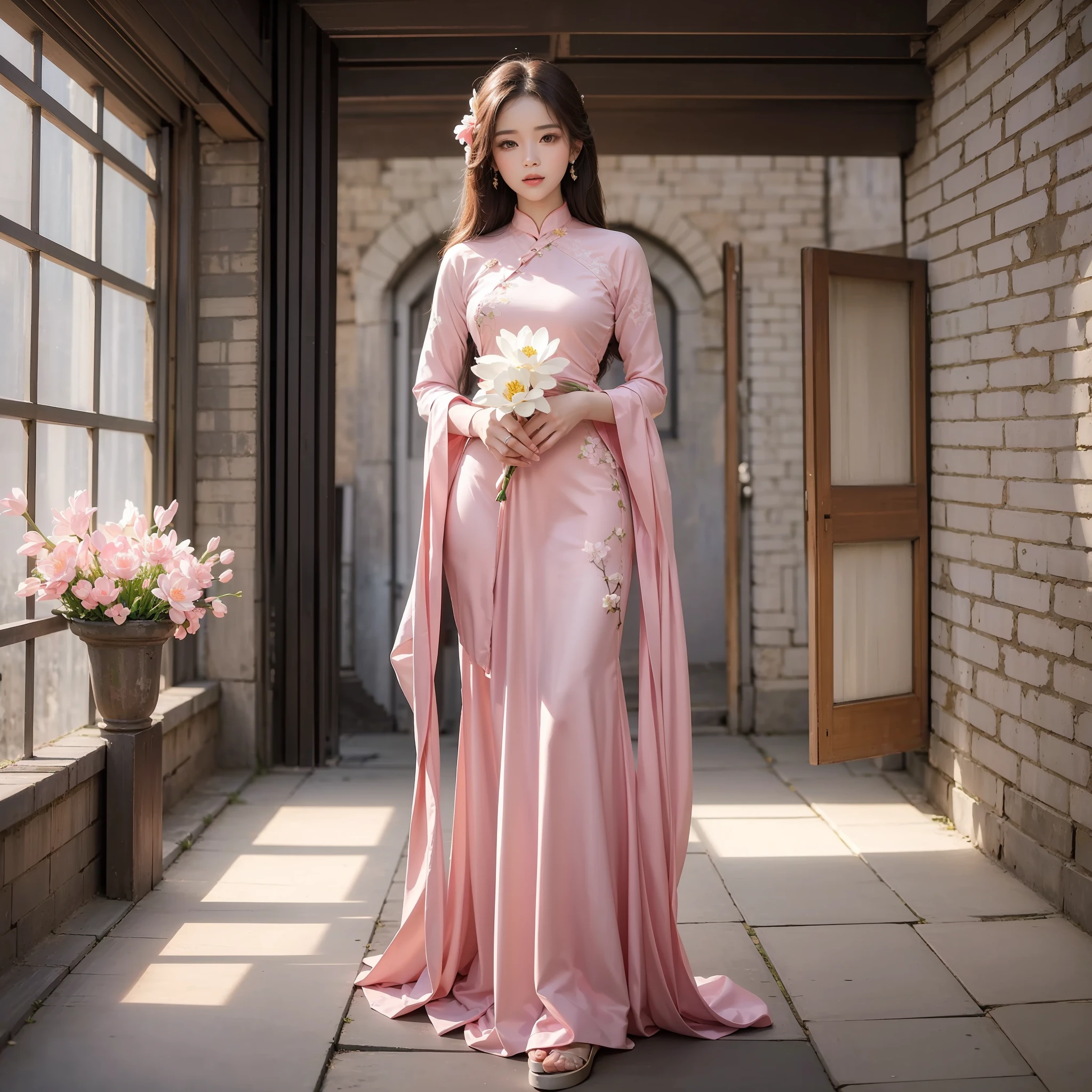 an 8K quality photo of a very beautiful Vietnamese woman in a traditional Vietnamese ao dai. She gets light makeup, stand out and pose elegantly. Her face is graceful and good-looking, creating a traditional beauty of Vietnamese women. She is standing in an old castle, holding a bouquet of bright pink lotus flowers. Her tunic is similarly pastel pink, Create a quiet and soothing space. The photo was taken with extreme detail, Make sure every aspect of the photo is sketched with incredible accuracy. The photo does not have any errors in the face, hands and feet, and overall a beautiful and captivating photo. The photo material is designed in an ancient style, with retro and vintage colors, Create a classic and luxurious space. Associated with this scene are works by famous painters and photographers such as Leibovitz, Ansel Adams, và Edward Hopper, along with other artists such as Claude Monet and Georgia O'Keeffe