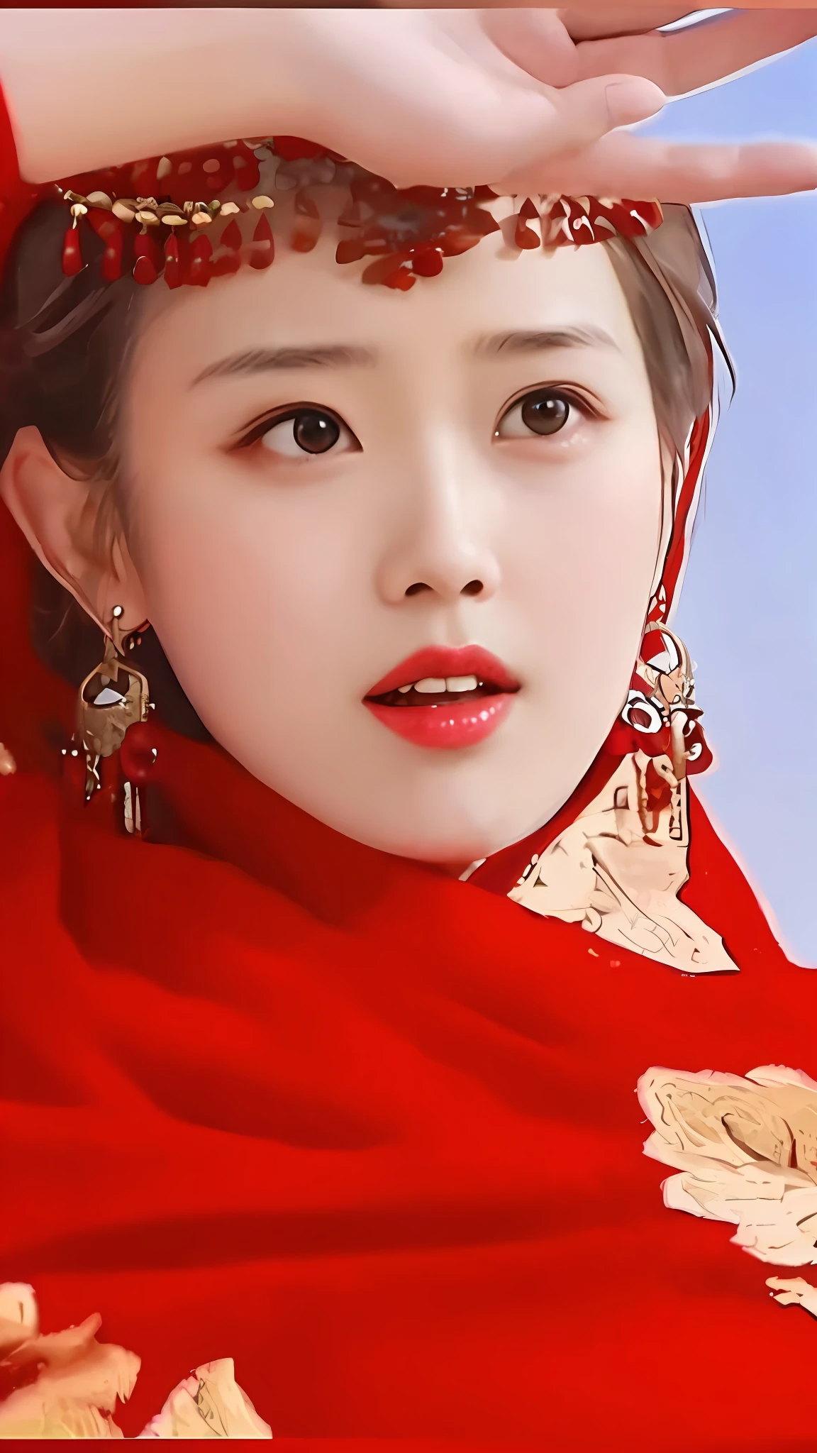 一个穿着红色连衣裙和红色头饰的女人的特写, 中國女孩, 中国女人, 中式, 繁体中文, 靈感來自宋茂金, 實際的. Cheng Yi, 一位亚洲女孩的面部细节, 皇宮 ， 一個穿著漢服的女孩, 亞洲面孔, 阮嘉美丽!, 靈感來自張岩, 灵感来自黄极, 亞洲美麗的臉