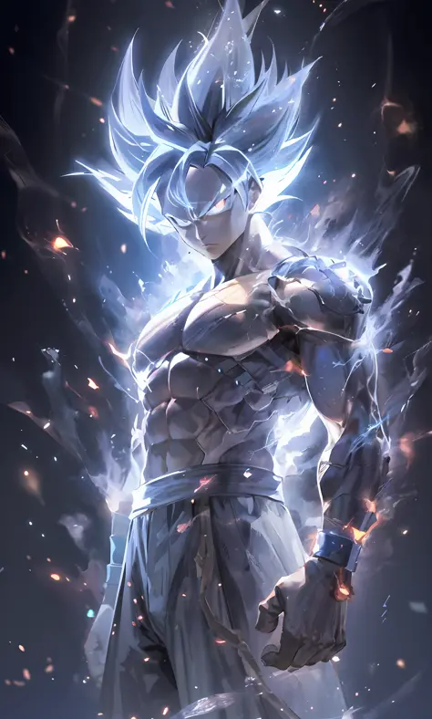 a close up of a person with a very large body and a very big body, ultra instinct, an epic anime of a energy man,blue lightning,...