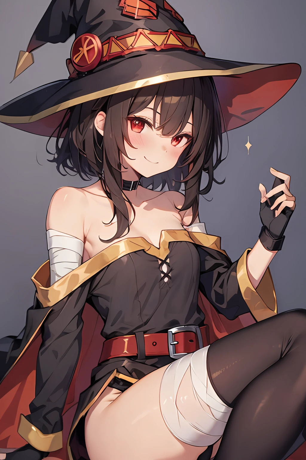 Megumin, Crazy Wizard, 1 Girl, Solo, Witch Hat, Brown Hair, Long Short Hair, Red Eyes, Blush, Evil Smile, Black Choker, Clavicle, Flat Chest, Off-Shoulder Dress, Red Dress, Brown Cloak, Long Sleeves, Black Gloves, Fingerless Gloves, Brown Belt, Gold Trim, (Asymmetrical legs: 1.4), unmatched legwear, (bandaged legs: 1.3), black thighs, (arms behind the back: 1.3), simple background, high quality, high resolution.