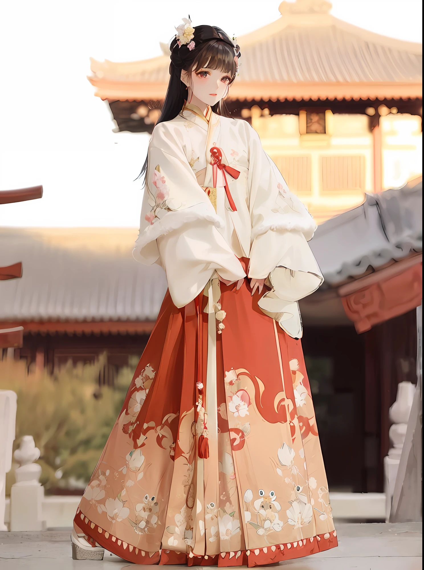 una mujer vestida con un traje tradicional de pie sobre un muro de piedra, hanfu, White hanfu, Palacio Real ， A girl in hanfu, vistiendo ropa china antigua, ropa tradicional china, ropa japonesa, con ropa china antigua, vistiendo ropas de seda adornadas, traje tradicional, traje chino, traje tradicional, Colores tradicionales japoneses, chino tradicional, kimono rojo con estampados de flores