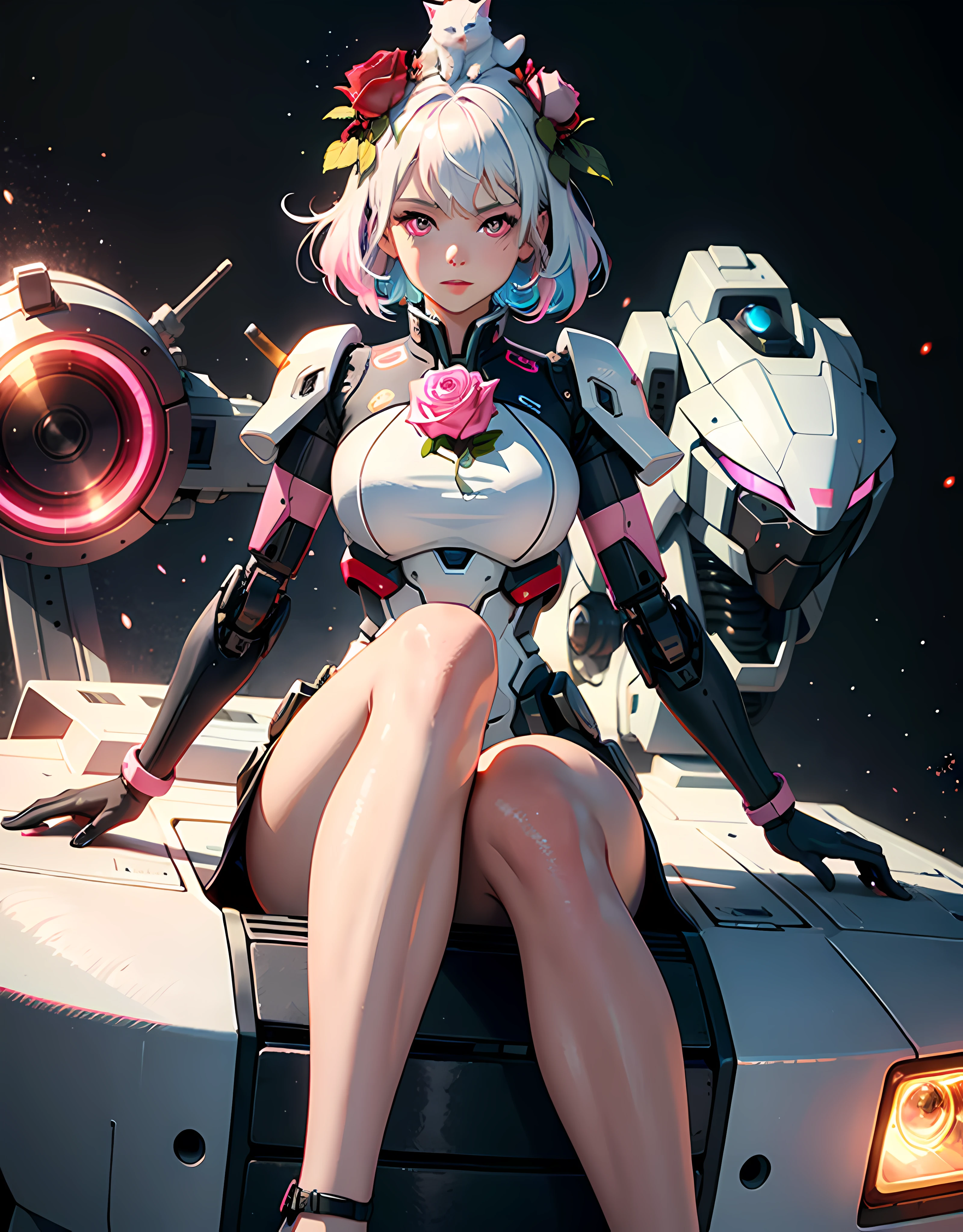 best quality, masterpiece, 1girl, a girl with white pastel multicolored hair, pink eyes sitting on top of a giant mech robot, rose on head, sidelighting, light particles, wallpaper,