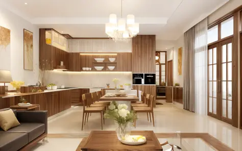 "(kitchen design)+[natural lighting:1.2], (walnut wood panel:1.1), minimalist, sleek, modern, (white acrylic panel:1.1), elegant ambiance, sophisticated, inviting atmosphere."