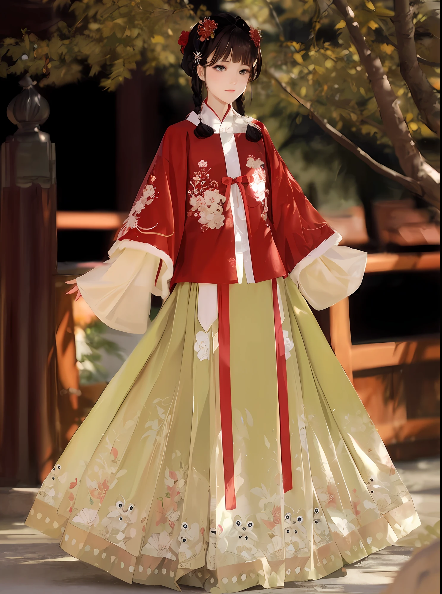 uma mulher de vermelho e amarelo em pé em frente a uma árvore, Hanfu, Palácio Real ， uma garota em hanfu, roupas tradicionais chinesas, vestindo roupas chinesas antigas, com roupas chinesas antigas, Hanfu branco, Traje Chinês, quimono vermelho com padrões de flores, roupas elegantes reais imperiais, vestindo roupas de seda ornamentadas, chinês tradicional, antiga princesa chinesa