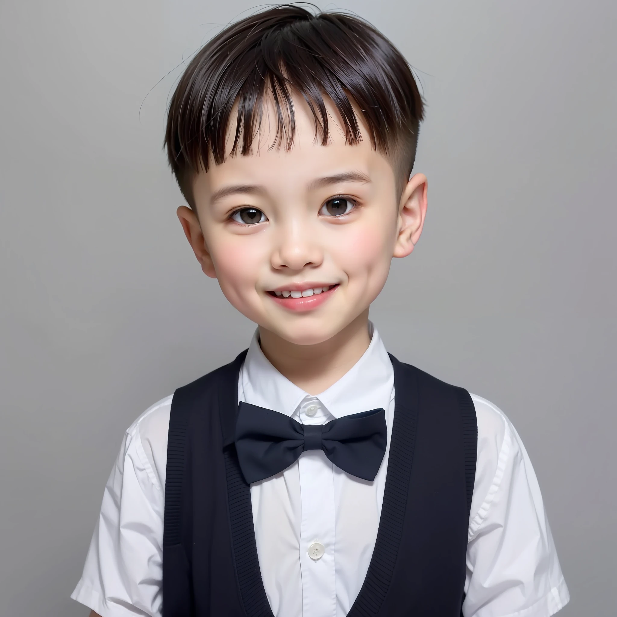 estilo moderno, fundo branco, Foto de identificação de criança chinesa, bonito, menino sorridente, olhos pretos, cabeça plana, gravata borboleta