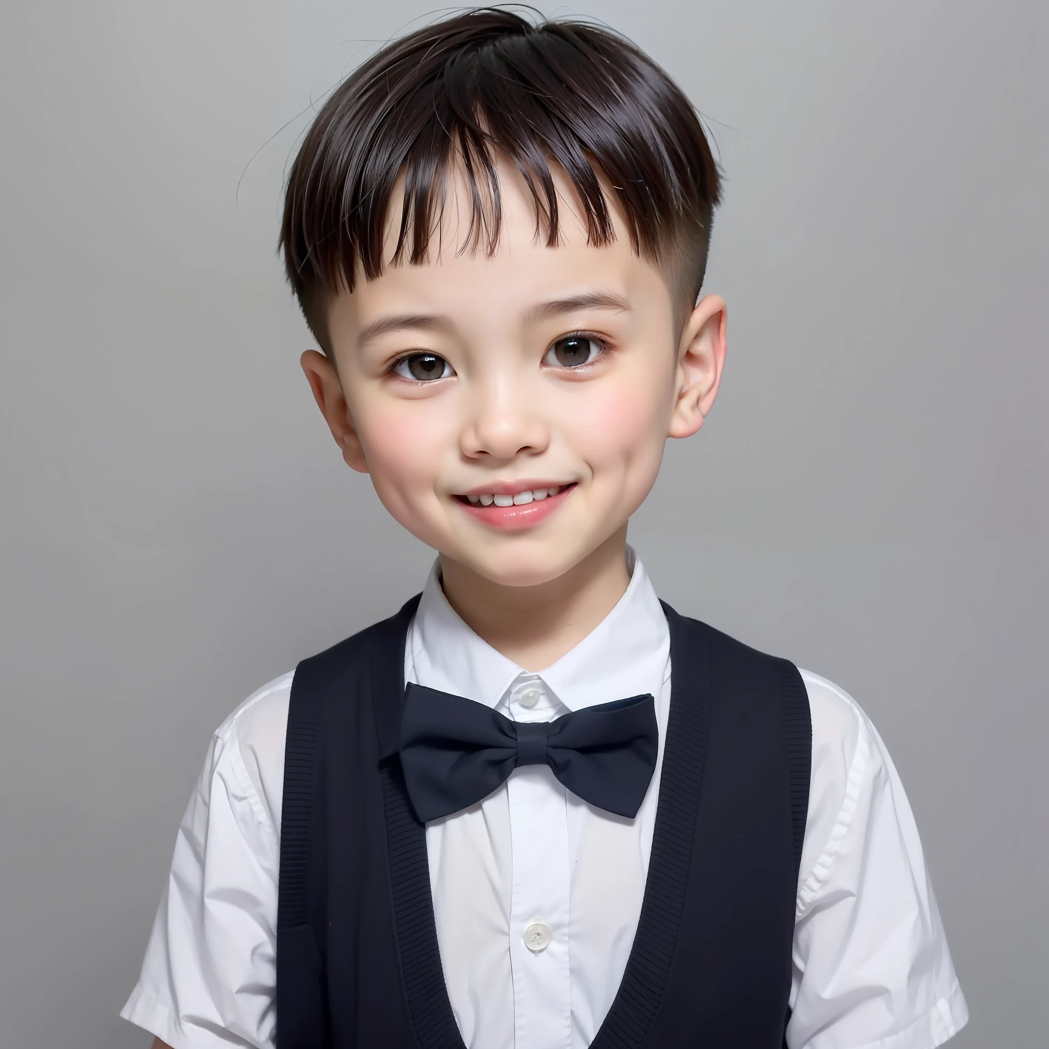 style moderne, fond blanc, Photo d&#39;identité d&#39;un enfant chinois, beau, garçon souriant, Yeux noirs, tête plate, noeud papillon