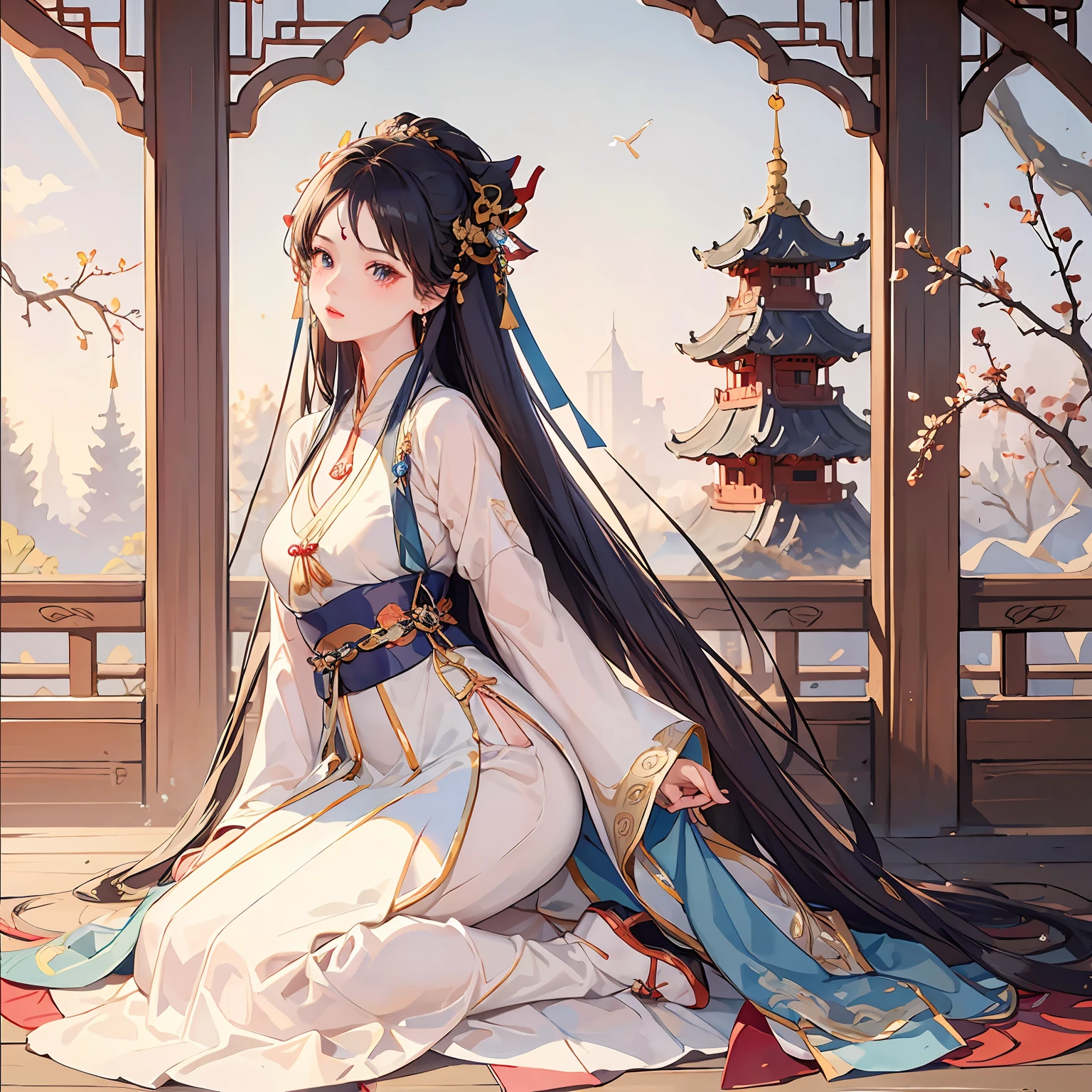 1girls， Wear Hanfu， Lotus leaf， Best quality， master， （full - body：1）， Tall， Nice face， hair accessory， （Medium breasted： 1.8） （独奏：1）， looks at the viewer， lips， withe dress， Order of healing， gargantilha， jewelries， （ridiculously long hair： 1.4）， ear ring， Hanfu， architectural， east asian architecture， Hanfu， （realistness：1.5）， ultra-highresolution， best qulity， Shameful blush， hair strand， Arms behind， （Expressive hair：1.4） ，Perfect body proportions，Sword Romance，Seven shows --auto