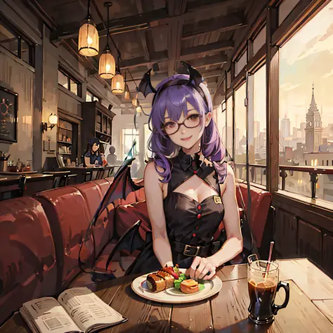 anime style, girl, anime v tuber, with purple hair, glasses, red eyes, wearing a casual dress, with a bat wings hairband, and a ...